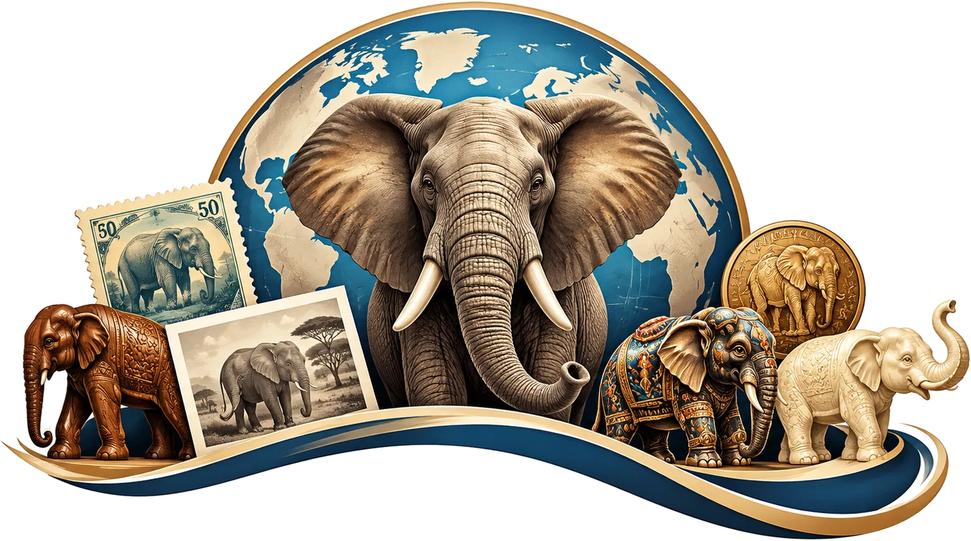Un éléphant devant un globe, entouré d’objets de la collection : timbre, carte postale, statuettes et médaille